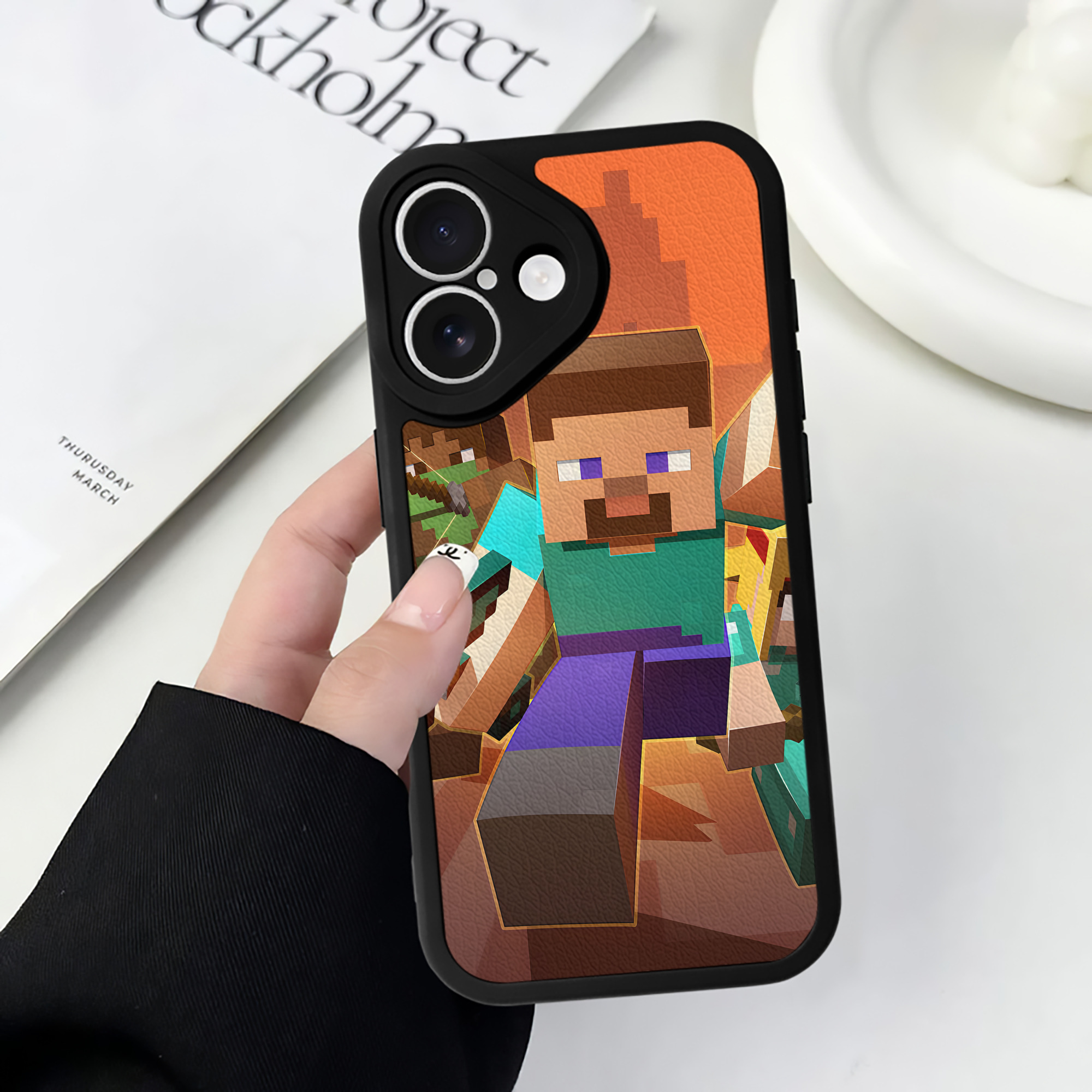 （画像用） マインクラフト ブロックの世界 Minecraft MC Block world 【iPhone 16シリーズ対応】シリコンスマホケース（レザー調） 材質：シリコン